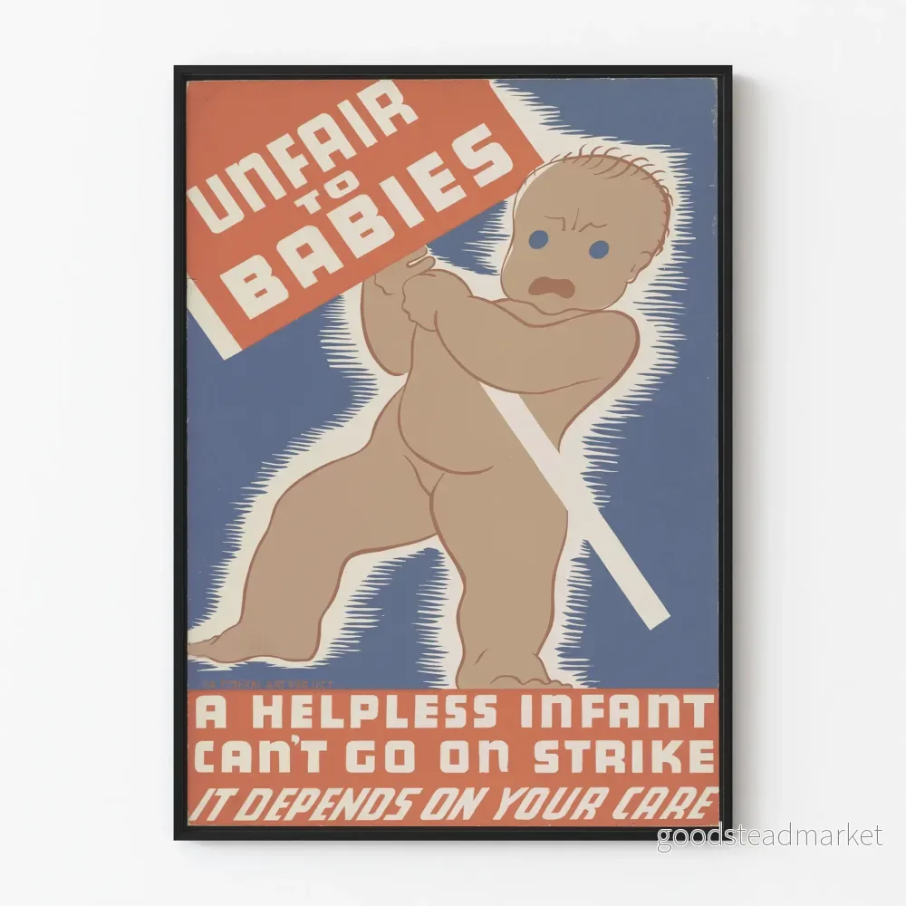 Vintageposter Unfair to Babies – Illustration av Bebis i Nöd Vintageposter Unfair to Babies – Illustration av Bebis i Nöd