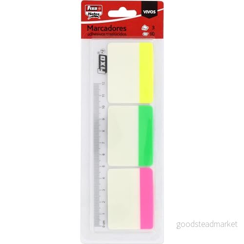 Fixo Anteckningar 30 fluorescerade självhäftande markörer med 12 cm linjal, PET trafikstockning, storlek 38 x 50 mm, du kan skriva penna och kula, vattentät, perfekt skolmaterial 8413623506729