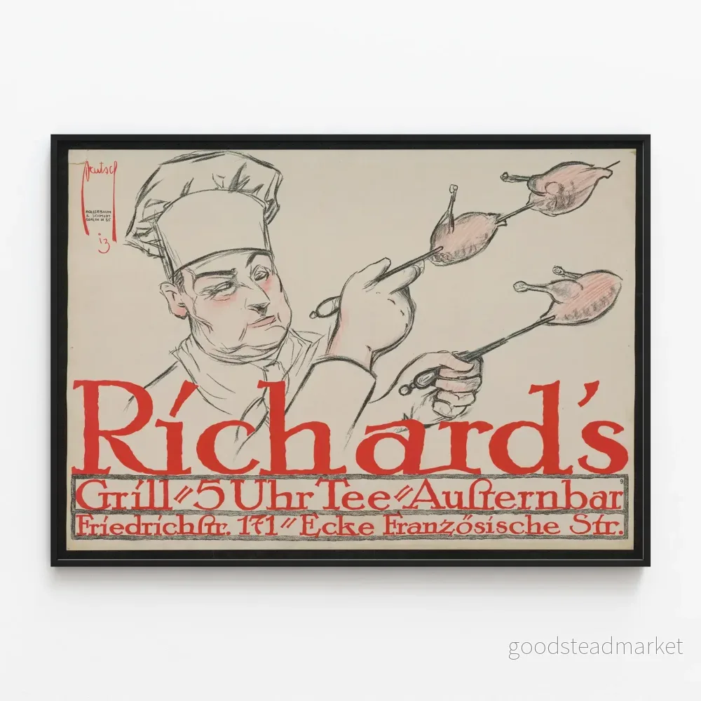 Vintage affisch av kock vid grillen med kycklingar på spett