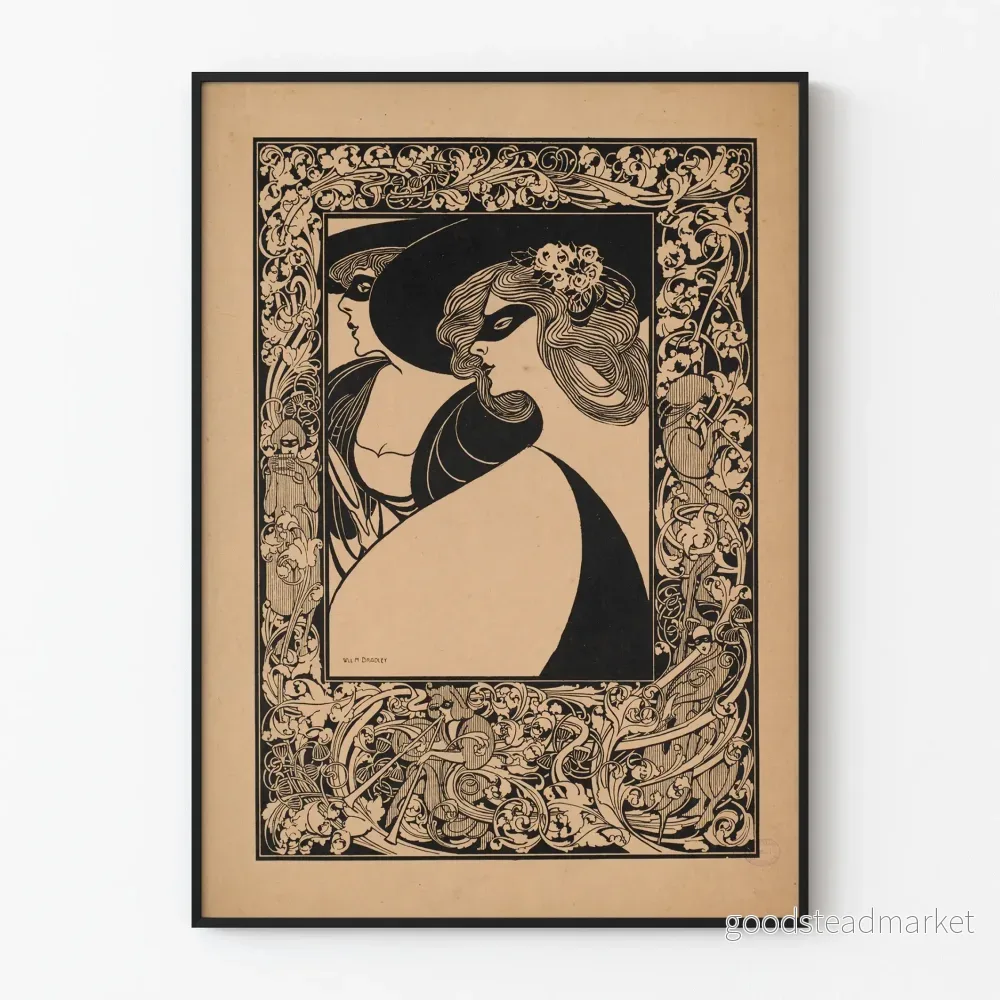 Art Nouveau-Poster med Två Maskerade Kvinnor