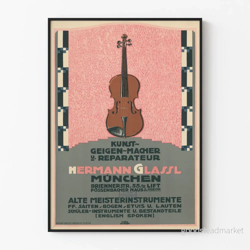 Vintage hantverksaffisch av lutmakare Hermann Glassl München