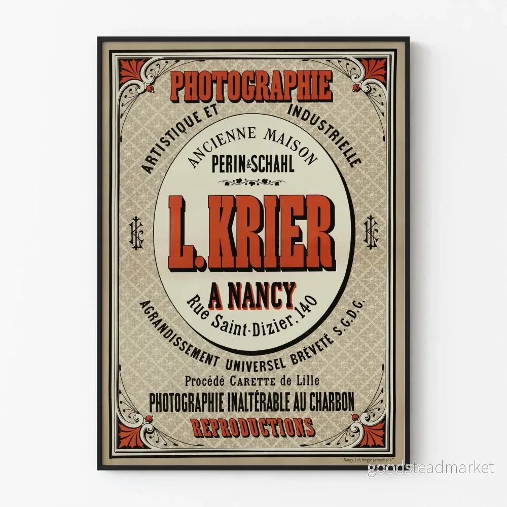 Vintage poster för konstnärlig och industriell fotografi L. Krier i Nancy