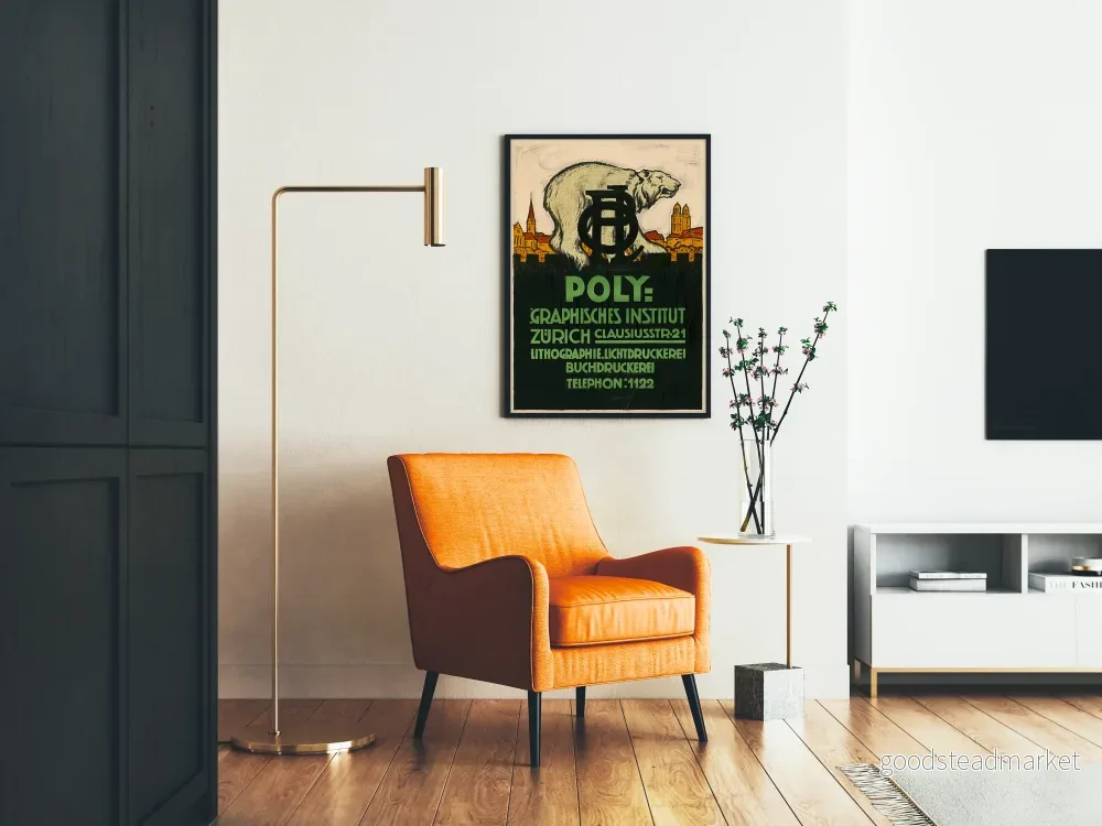 Vintageposter från Polygraphiska institutet i Zürich med björn och stadssilhuett - Bild 2