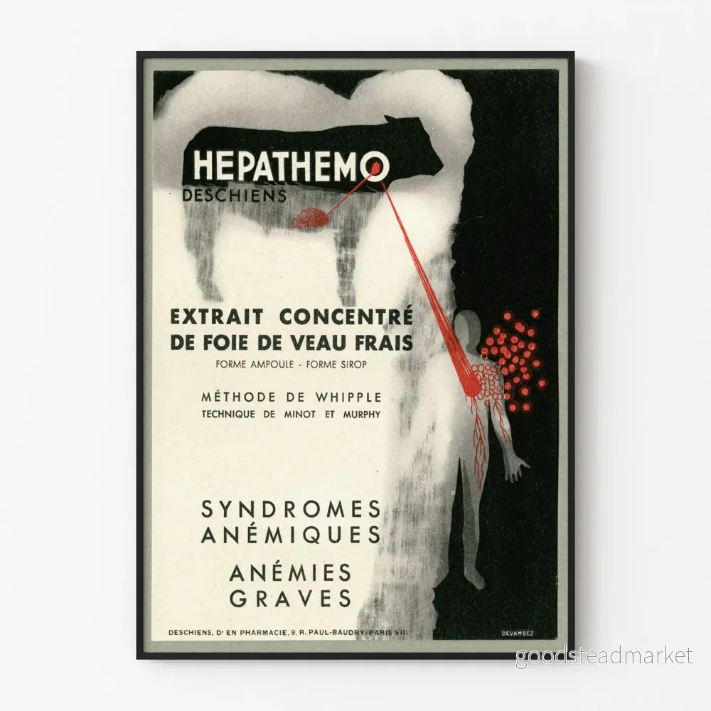 Vintageposter Hepathemo koncentrat av färskt kalvleverextrakt