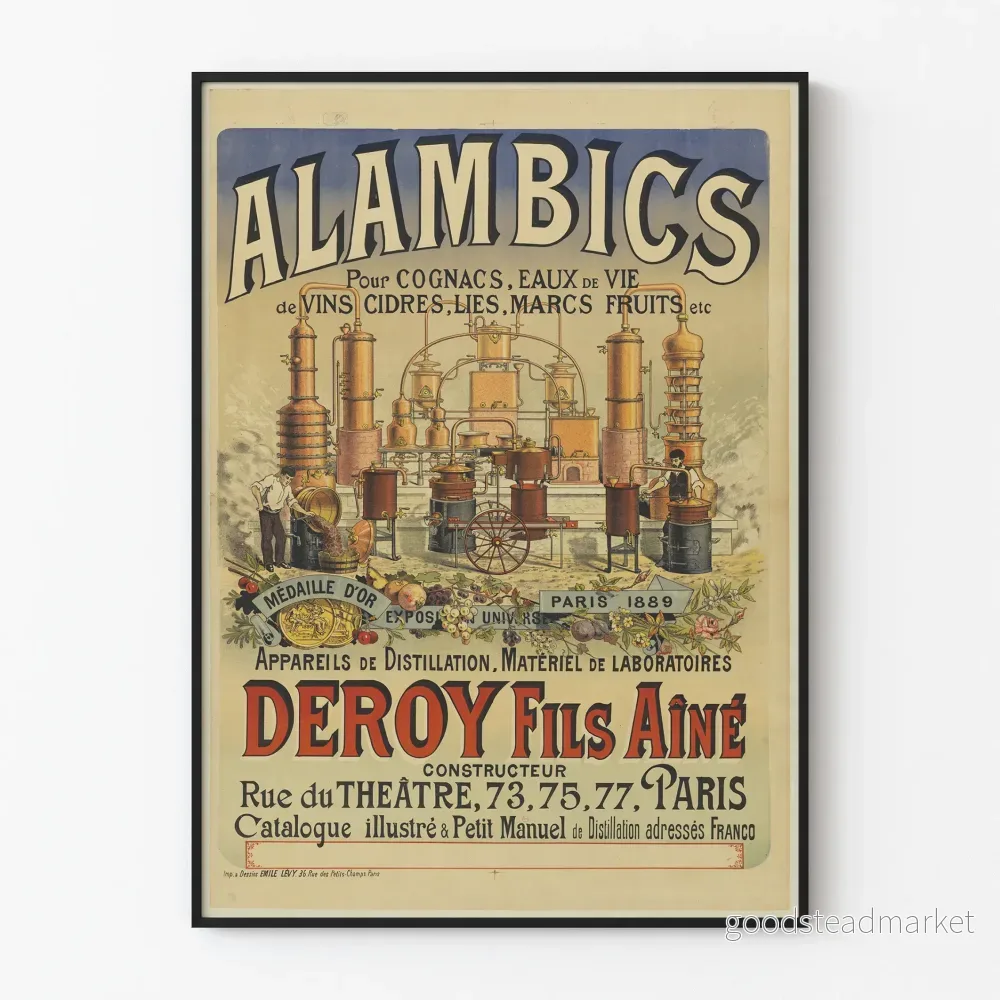 Vintageposter av alambiker för destillation - väggdekoration ateljé