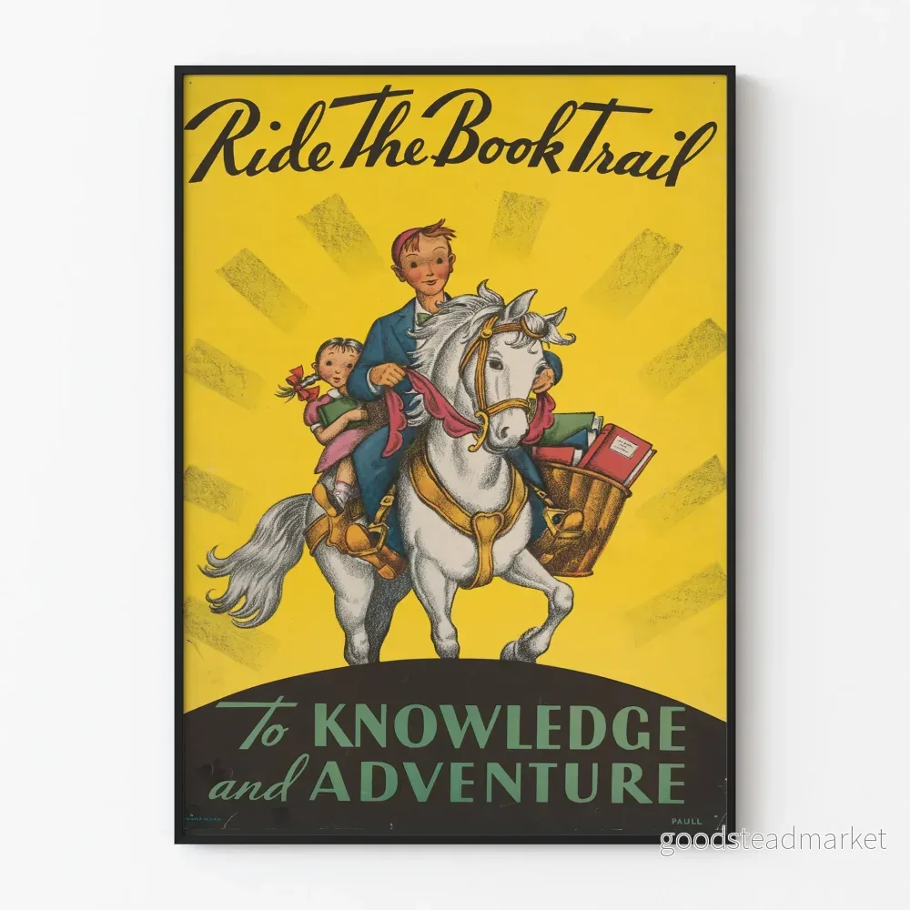 Vintageposter Ride The Book Trail för utbildande väggdekoration