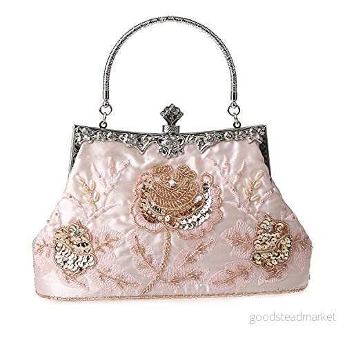 DA BODAN vintage blommiga pärlor strass broderi clutch paljetter bröllop fest avslutningsbal väska brud damer crossbody kväll handväska, ROSA, 22cm*21cm 799817097166